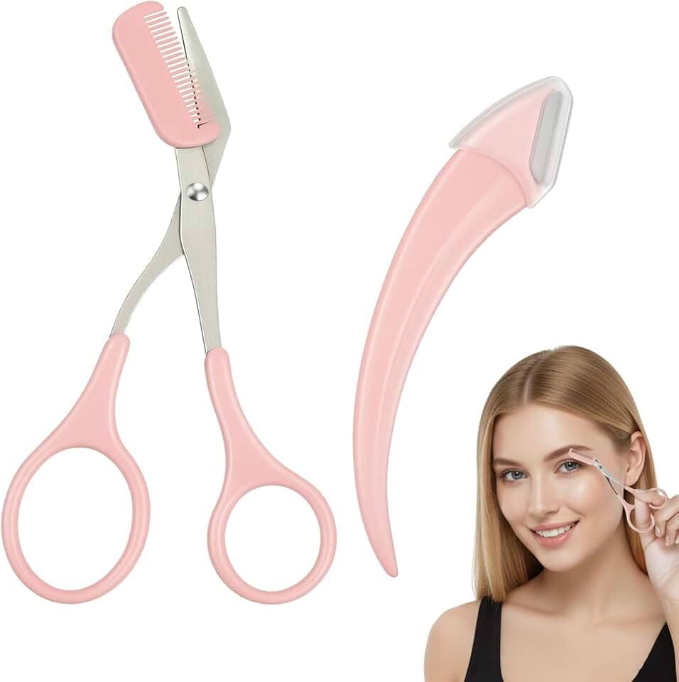 2 tesouras curvadas para sobrancelhas, tesouras de barbear de aço inoxidável com pente, precisão para iniciantes, homens, mulheres, todos os tipos de pele, rosa