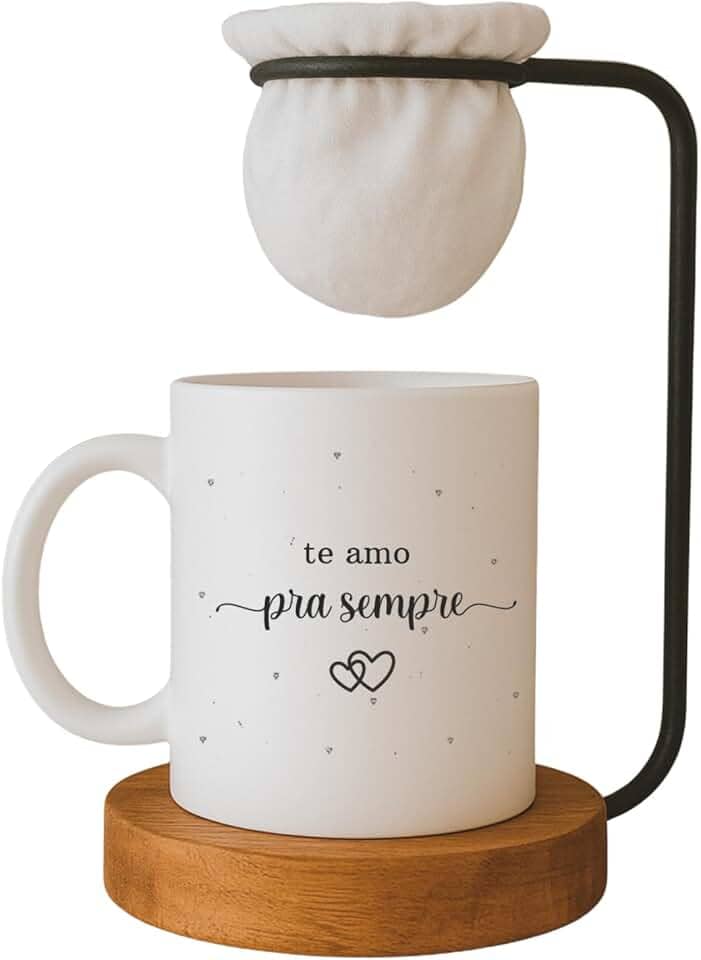 Kit Dia dos Namorados, Caneca ' Te Amo pra Sempre' com Mini Coador de Café, Base em Madeira