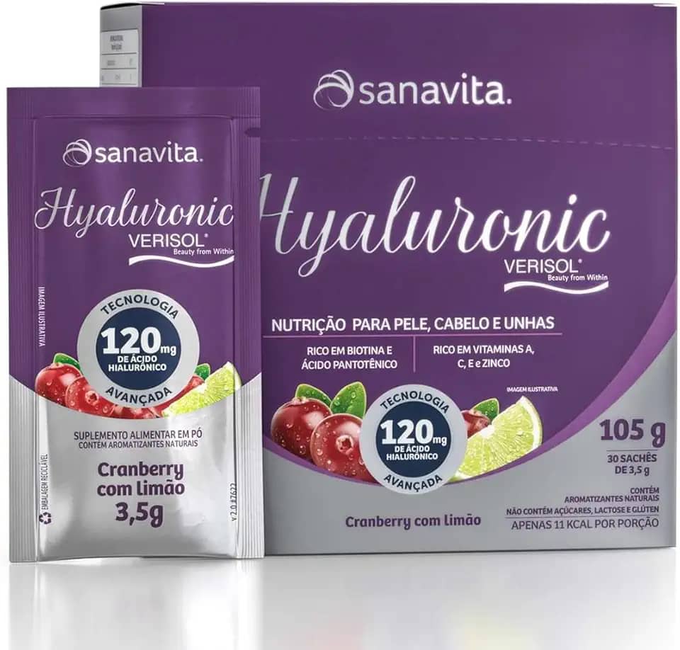 Sanavita Ácido Hialurôncio - Hyaluronic Verisol - Pele Saudável - Cranberry com Limão - 30 Sticks