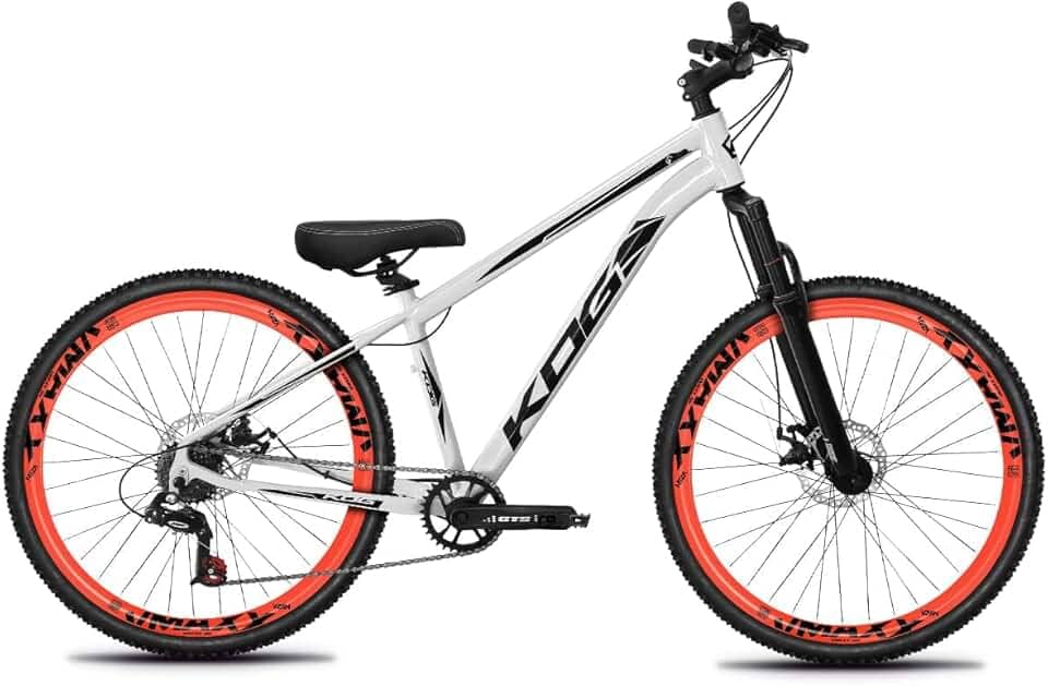 Bicicleta Aro 26 Rebaixada Freeride para Grau, Quadro em Alumínio, Relação 1x7, Aros Vmaxx Coloridos, Pedivela 34D, Suspensão 80mm,Branco Preto Laranja Neon