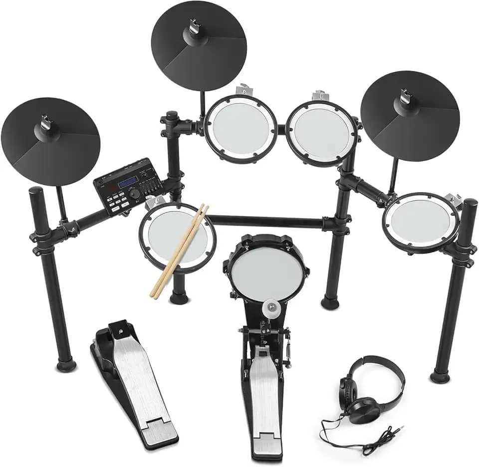 Kit de Bateria Eletrônica com Compatibilidade de Pedal Duplo, Conjunto de Bateria Elétrica com Auscultadores e Bastões, Kit de Estreia de Bateria, Bateria Instrumento com 5 Pads de Bateria e 3 Pratos