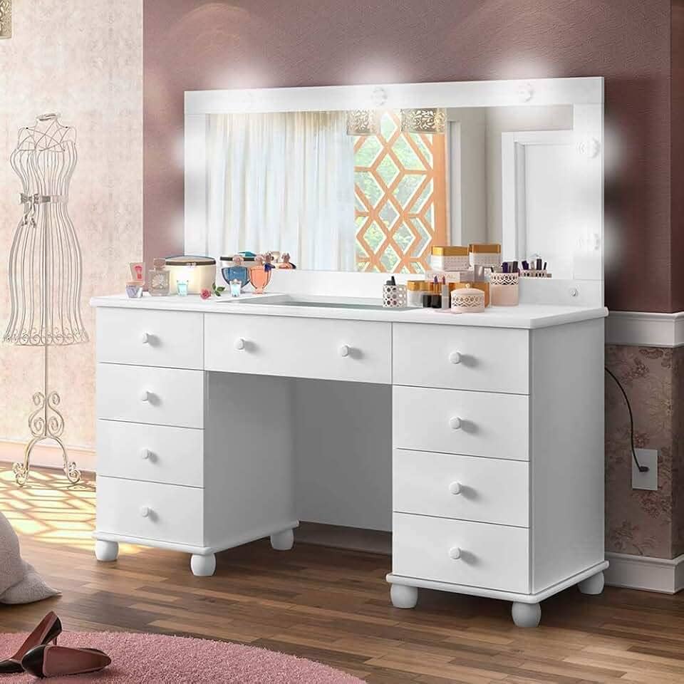 Penteadeira camarim com espelho e led 9 gavetas e colmeia Potente Branca