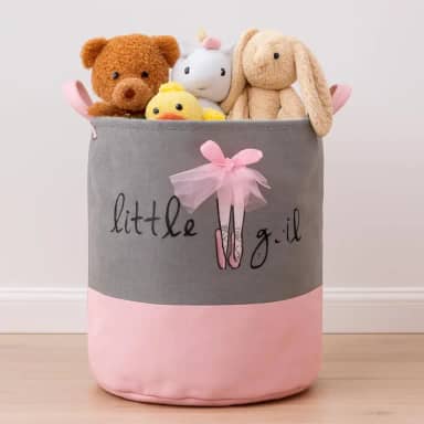 Cesto Organizador Infantil Dobrável de Roupas e Brinquedos para Menina, Rosa e Cinza, estampa Bailarina, 45x35cm.
