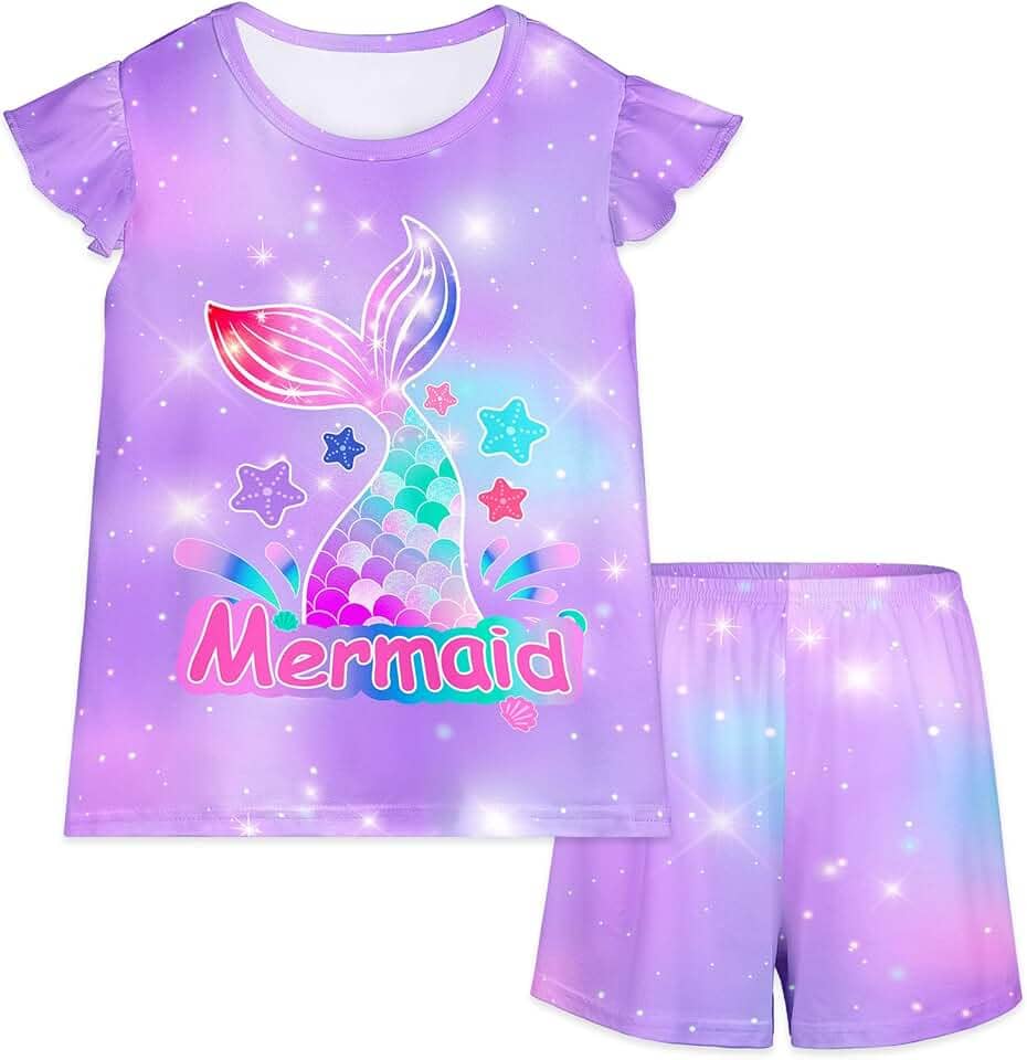 MHJY Conjunto de pijama infantil para meninas, 2 peças, conjunto de pijama infantil esvoaçante de manga curta