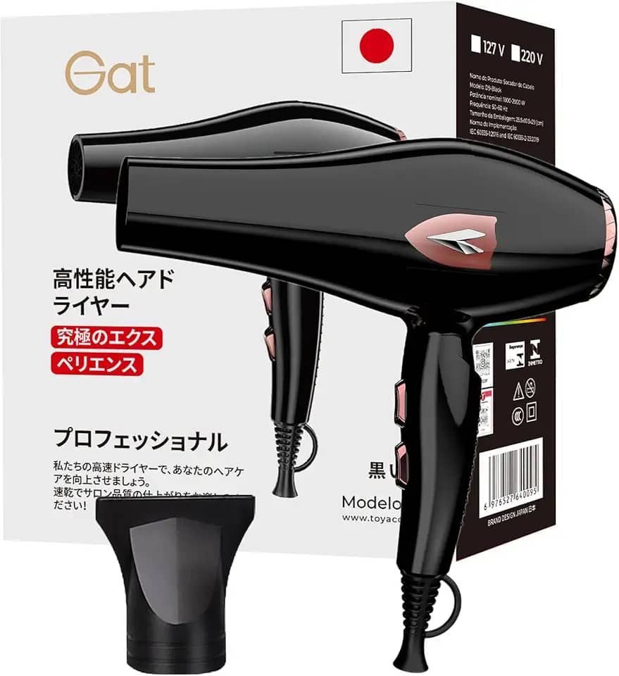 Gat Secador de Cabelo Profissional 1800W – Potente Motor Turbo, Rápida Secagem, Controle de Temperatura, Compacto e Portátil Ideal para Viagem e Uso Doméstico (Preto, 220V)