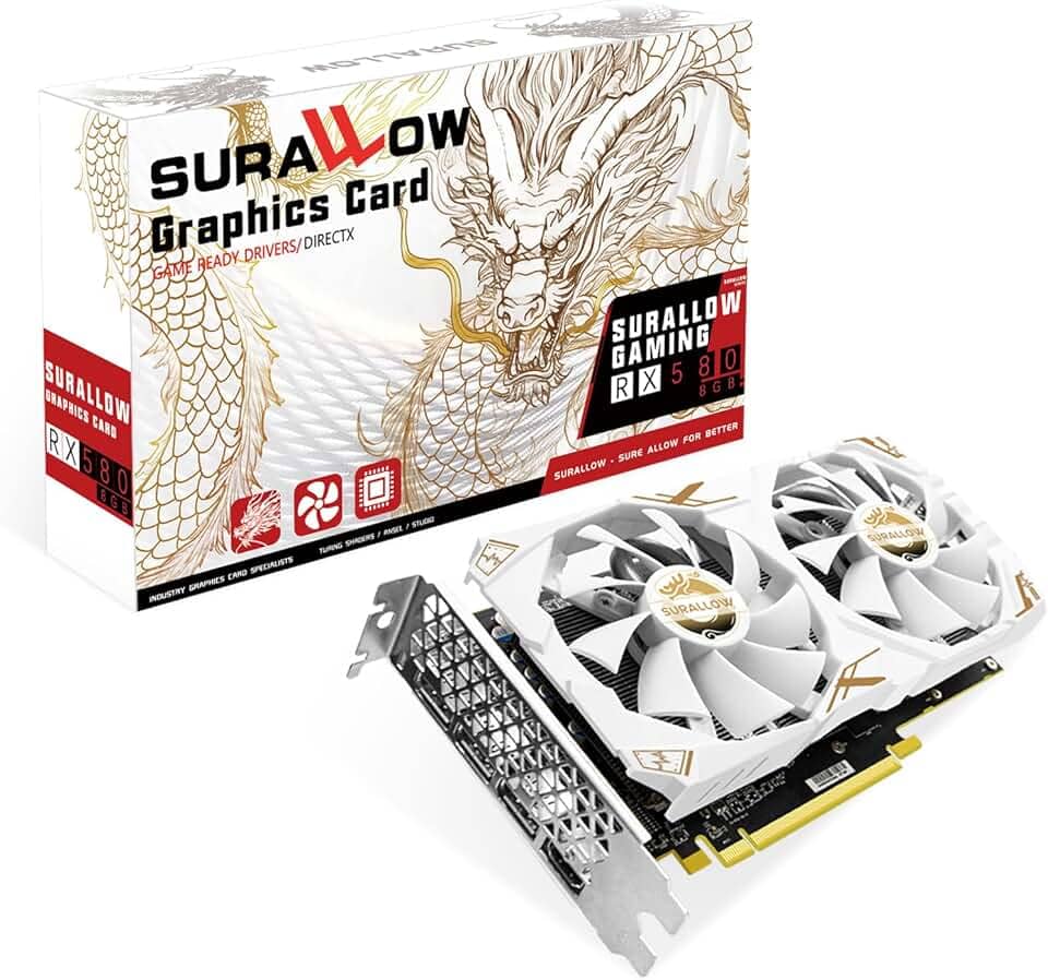 Placa de vídeo SURALLOW RX 580 de 8 GB, 2048SP, GDDR5, 256 bits para PC de jogos, PCIE 3.0, placa de vídeo de computador com ventoinhas duplas de congelamento com portas HDMI/DP