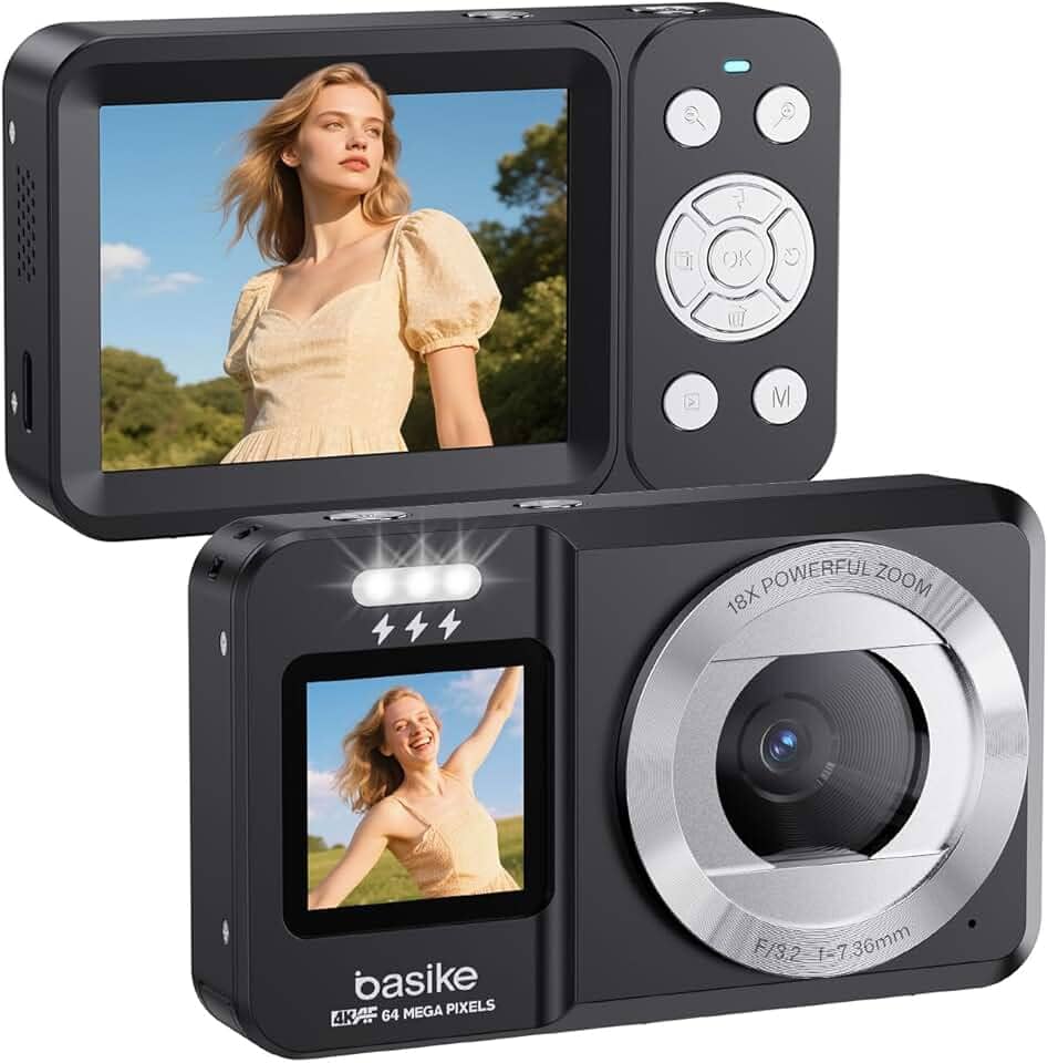 Basike Câmera Fotográfica Digital 4K UHD 64MP, Zoom 18X, Tela Dupla com Flash, Foco Automático e Função Webcam, para Iniciantes, Jovens e Viagens, Compacta, Criativa e Portátil – Preto