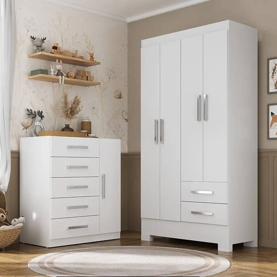 Quarto Infantil Completo Guarda Roupa 4 Portas 2 Gavetas com Cômoda Amy Espresso Móveis Branco