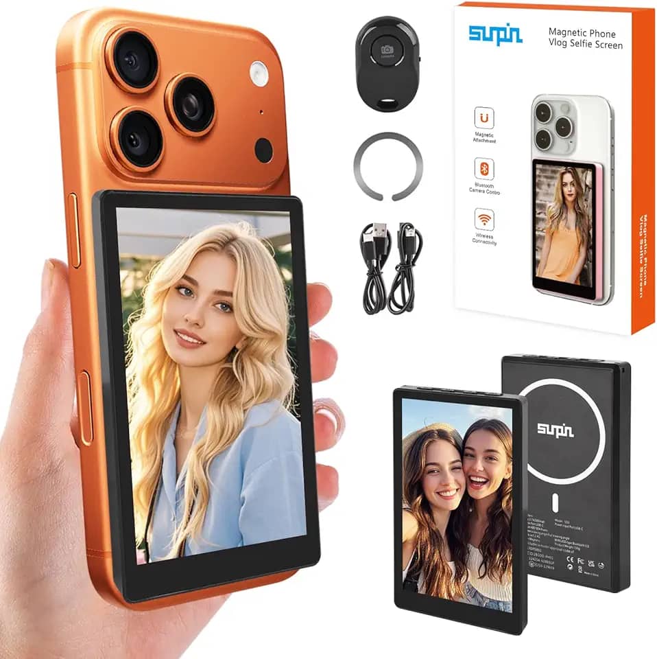 SUNPIN Tela grande para monitor de selfie Vlog para câmera traseira – tela sem fio de 5 polegadas com clipe magnético, carregamento USB duplo, compatível com iPhone/Android