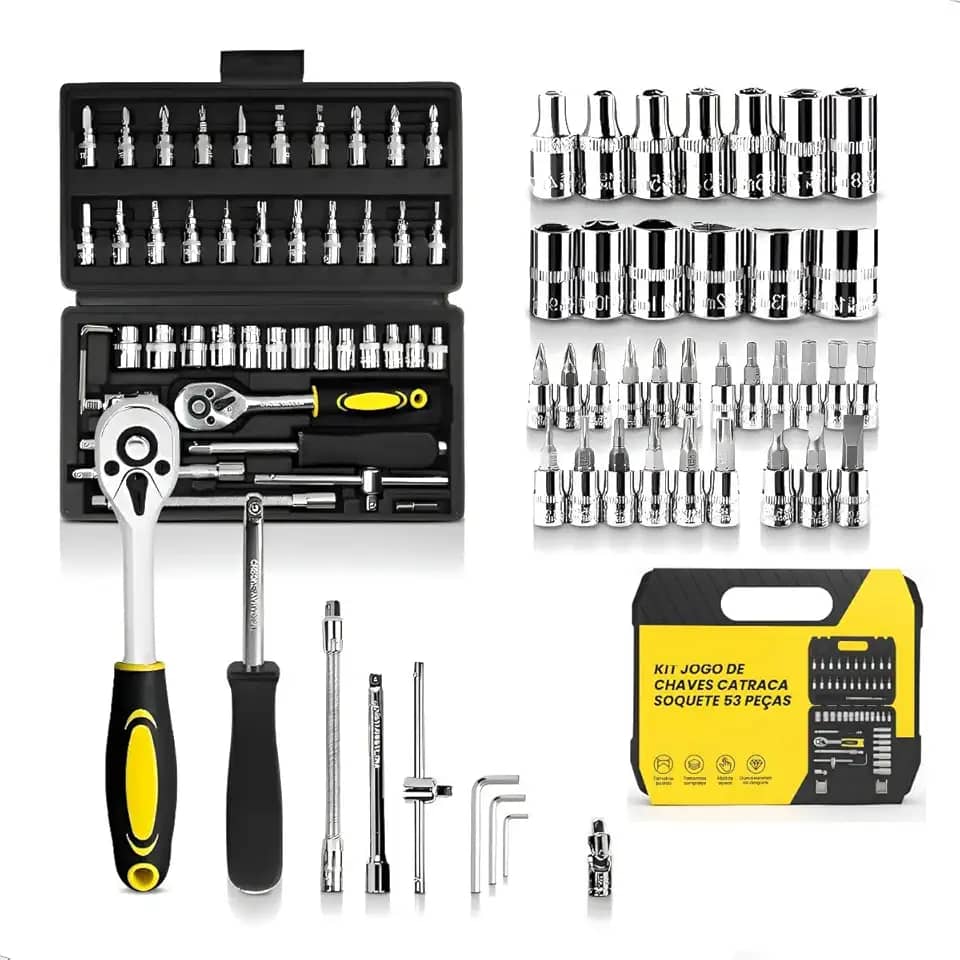 Maleta de Ferramentas Completa com 53 Peças Chave Catraca Reversível, Soquetes e Bits em Aço Cromo Vanádio, Kit Profissional e Doméstico para Reparos, Manutenções e Montagens em Geral PREMIUM