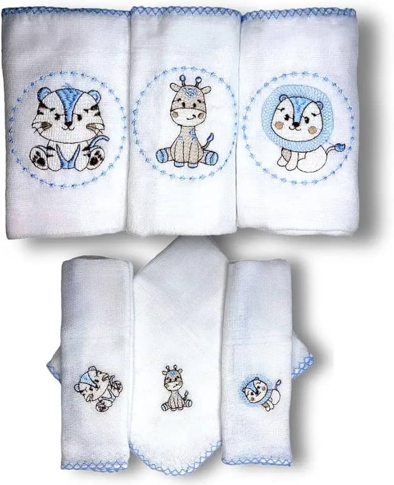 Kit SAFARI com 6 Fraldas De Pano Bordadas (3 De Ombro + 3 De Boca) (AZUL)