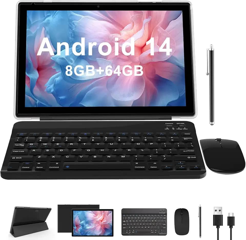 NOVOJOY Tablet 2 Em 1 de 10" Android 12 os Tableta, Tablets com Teclado, Mouse, Estojo, Caneta, 64 Gb Rom + 4 Gb Ram, Câmera Dupla de 2 Mp + 8 Mp, Processador Quad Core, Bateria de 6000 Mah, Guia Fhd