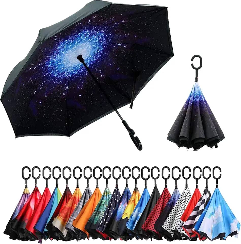 Guarda-chuva invertido de camada dupla NC Saa com alça em forma de C, guarda-chuva reto à prova de vento à prova d'água anti-UV para uso externo chuva de carro (céu estrelado/preto)