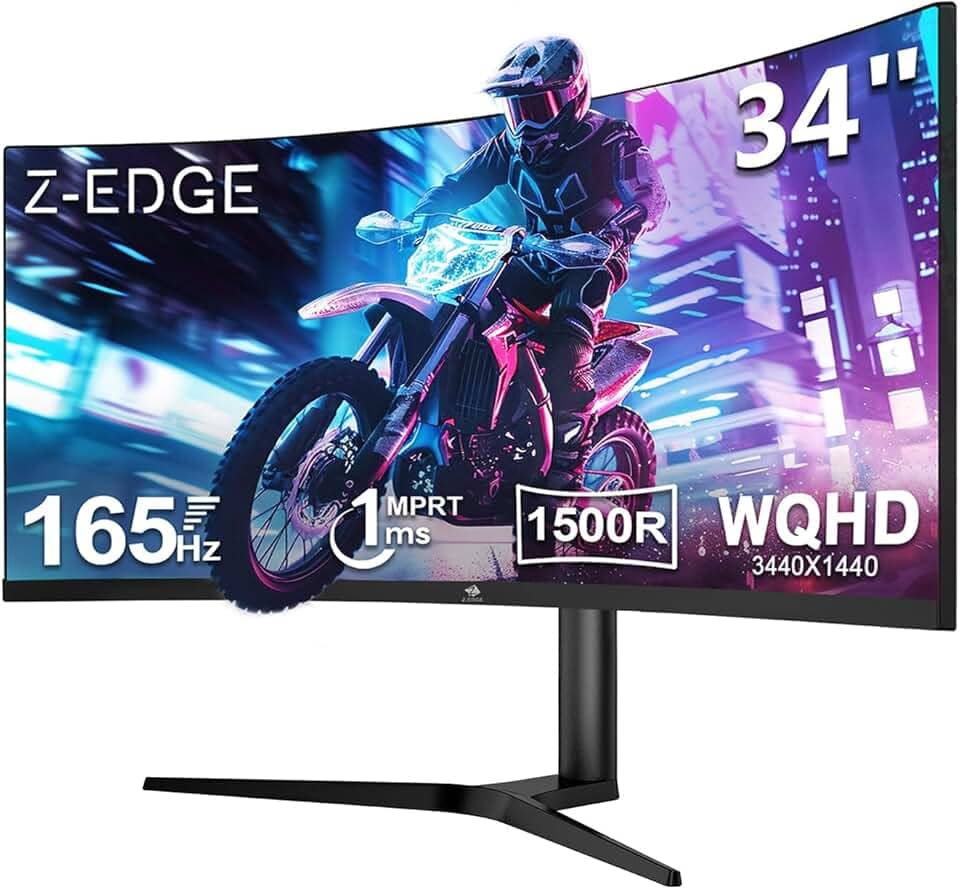 Monitor curvo ultrawide para jogos Z-Edge de 34 polegadas, 165 Hz, 1 ms MPRT, 21:9, 3440x1440 WQHD R1500, tela curva, inclinação/giro/altura ajustáveis, FreeSync, DP (165 Hz), HDMI (100 Hz)