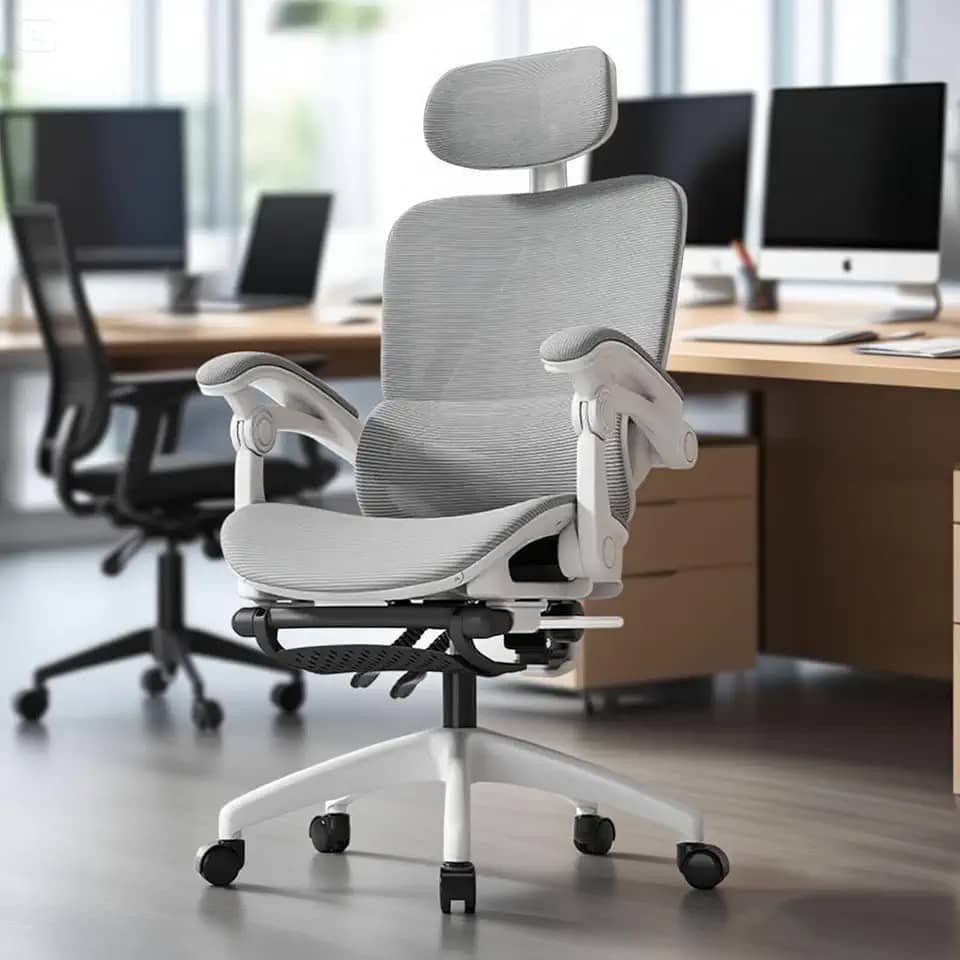 Cadeira de escritório ergonômica reclinável até 145° com apoio para os pés, almofada de ar, cabide e apoio de cabeça ajustável – Gamer e home office (Branco)