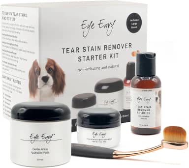 Eye Envy Kit inicial de removedor de manchas de lágrimas para cães com escova ProPowder | Solução de manchas, almofadas aplicadoras, pó de manchas e pincel aplicador grande | Dura de 30 a 45 dias