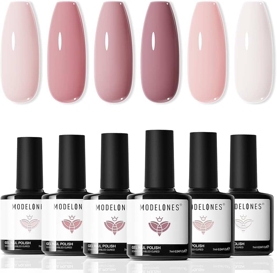 modelones Conjunto de esmalte de gel – Conjunto de esmalte em gel rosa nude de 6 cores para o verão claro neutro rosa esmalte branco quase rosa mergulhe off kit de iniciante de unhas em gel de LED para todas as estações arte de unhas faça você mesmo presentes de manicure