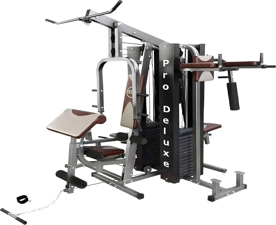 Multi Estação Pro Deluxe 204Kg Anilhas WCT Fitness Musculação Completa Treino Peito Perna Costa Supino Máquina Voador Barra Pulley Cadeira Extensora Banco Scott Legg Press Abdominal Paralela