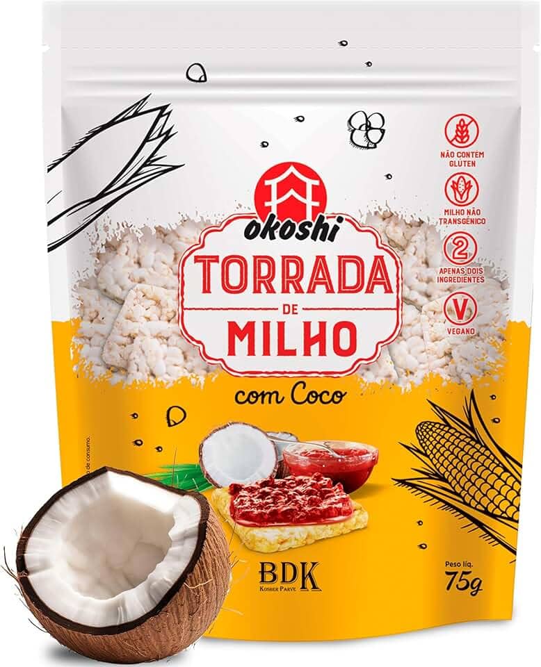 OKOSHI - Torrada de Milho com Coco - Snacks Saudáveis de Baixa Caloria, Lanches Fit para a Dieta - Vegano, Sem Glúten, Sem Lactose, Sem Gordura Trans, Kosher - 75g
