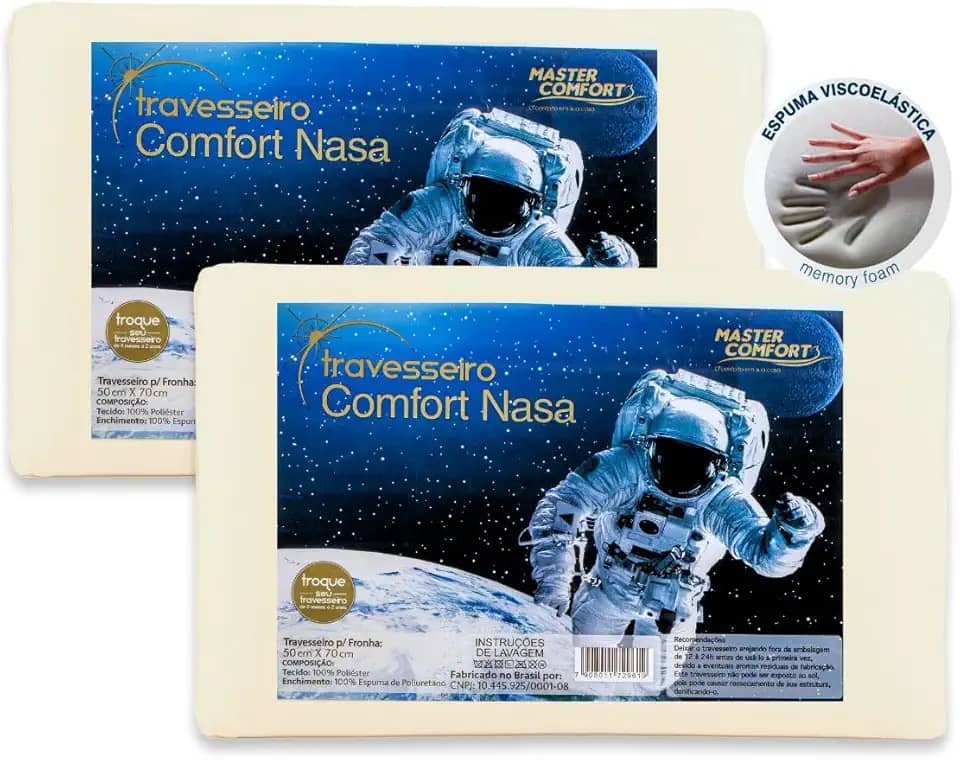 Kit 2 Travesseiros Nasa Dream Viscoelástico Master Comfort Antiácaro Altura 10cm
