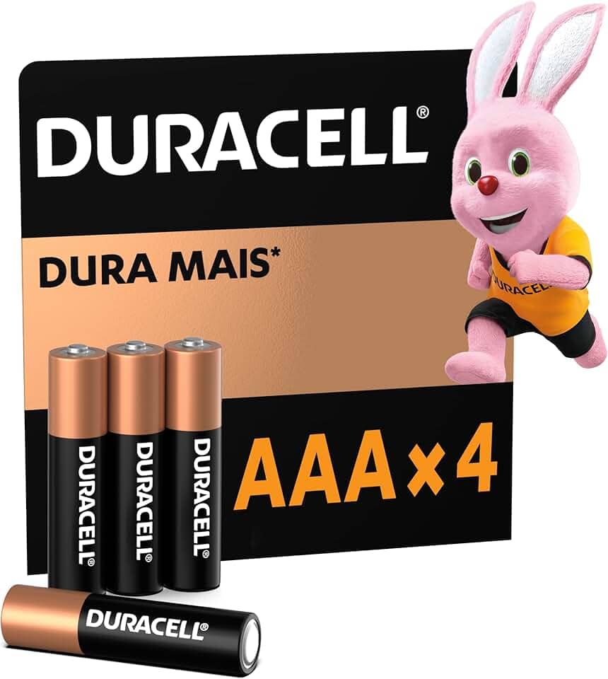 Duracell Pilhas Alcalinas AAA Palito Pack 4 Unidades – Dura Mais – Ideal para Controles Remotos Brinquedos e Lanternas