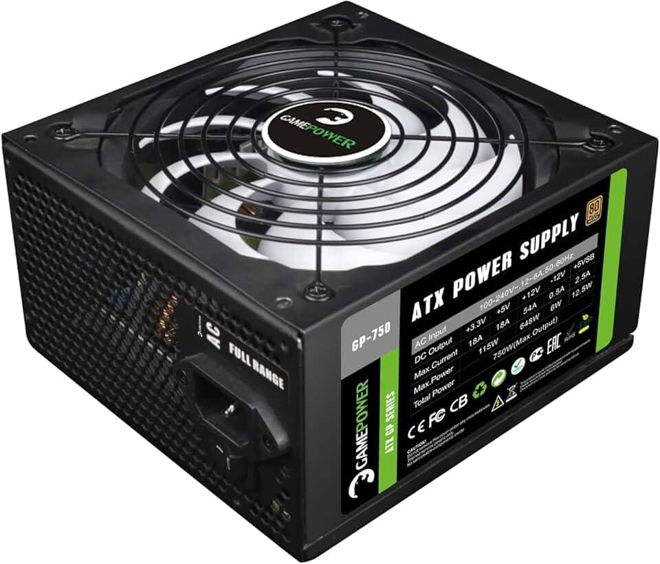 GamePower Gp-750 Unidade de fonte de alimentação para PC: 750W, certificação 80 Plus Bronze, 85% de eficiência, trilho único +12V, ventilador de baixo ruído de 14 cm, ideal para PCs de jogos,