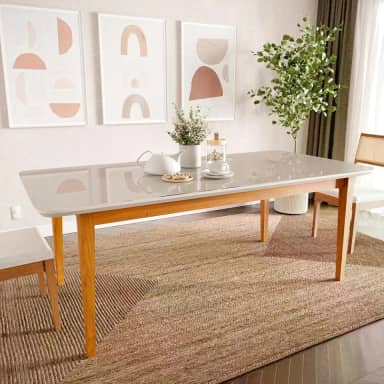 Mesa de Jantar 8 Lugares 2,10m Tampo Mdf e Vidro Pés Madeira Maciça Tangará Cabecasa Madeiramadeira Caramelo/off White