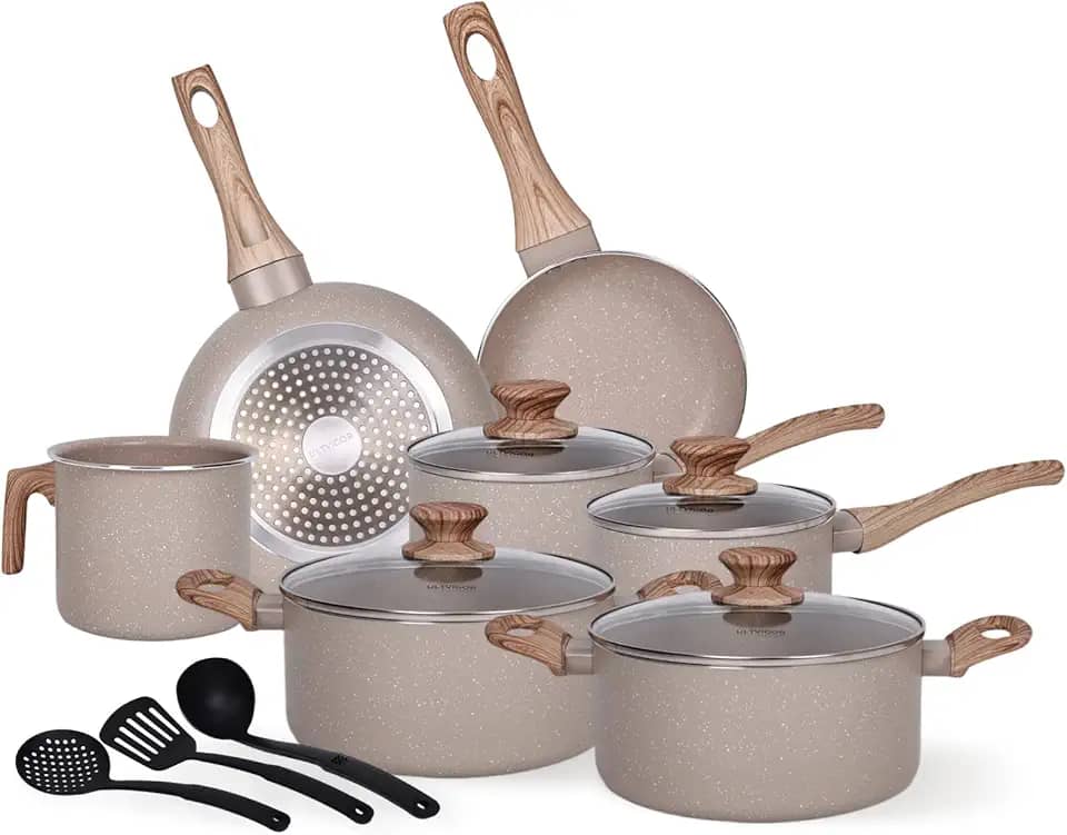 Jogo de Panelas Indução Cerâmica Antiaderente 10 Peças, Adequado para Fogão a Indução, Gás, Elétrico e Vitrocerâmico, Durável Lindas e Qualidade, Areia