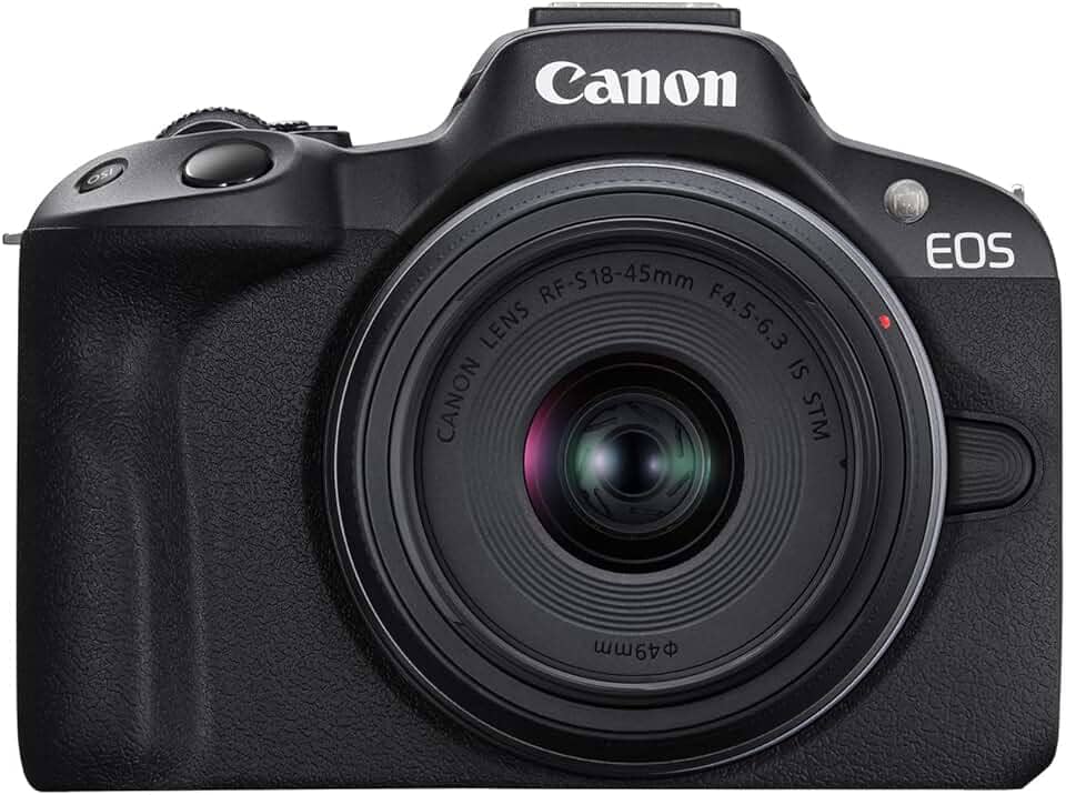 Canon A câmera sem espelho EOS R50 RF-S18-45 mm F4.5-6.3 é um kit de lentes STM, sensor CMOS de 24,2 megapixels (APS-C), vídeo 4K, câmera híbrida, foto e vídeo, vlogging, criador de conteúdo, montagem
