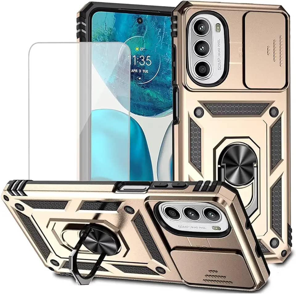 Capa para Moto G52 4G/Motorola G82 5G XT2225-1 com protetor de tela de vidro temperado e capa de câmera deslizante, anel magnético para carro, suporte de suporte, capa protetora para Motorola