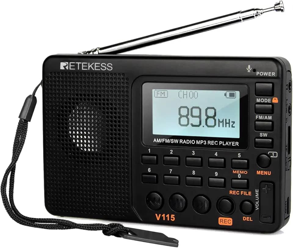 Rádio digital AM FM Retekess V115, rádios portáteis de ondas curtas, sintonizador digital de rádio recarregável e predefinições, suporte para gravação Micro SD e AUX, alto-falante baixo preto