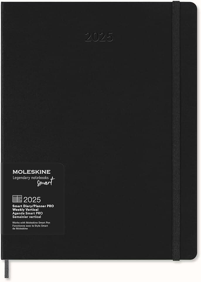 Moleskine 12 Month 2025 PRO Smart Weekly Vertical Planner, Hard Cover, XL (7.5" x 9.5") Black - Compatible with Moleskine Pen+ (Sold Separately) & App
