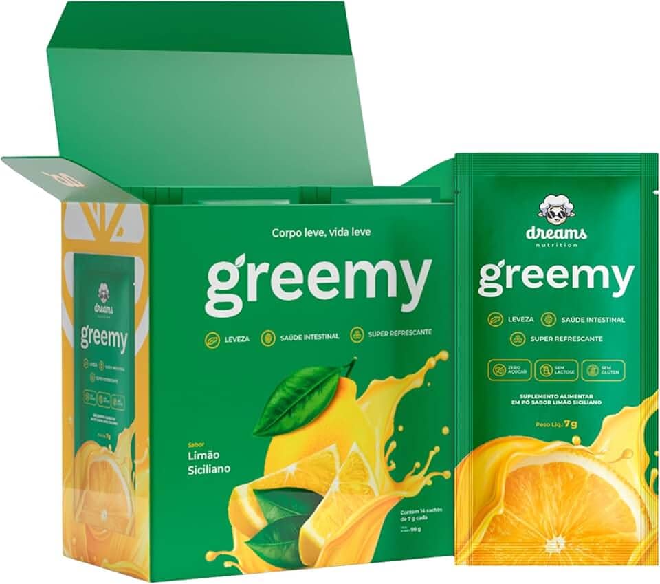 Greemy Green Juice - Suco Verde em Pó Concentrado em Sachê - Blend de Vegetais, Fibras e Enzimas Digestivas (Limão siciliano)