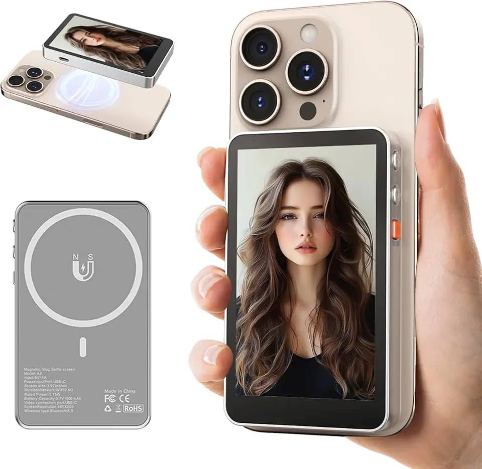 Tela magnética para celular Vlog Selfie com controle remoto Bluetooth, espelhamento de tela em tempo real de 4 polegadas, conexão sem fio para câmera traseira selfie e transmissão ao vivo, compatível