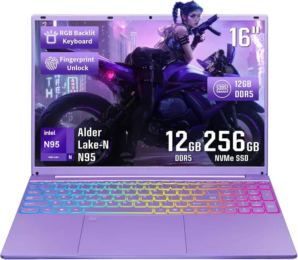 Computador Portátil, Tela Fhd Ips De 16" Com Moldura Estreita, Celeron N95 (Até 3,4 Ghz), 12 Gb Ddr5, Windows 11 Quatro Núcleos, Retroiluminação Colorida, Desbloqueio Por Impressão Digital, U