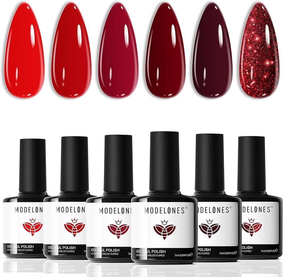 Modelones Conjunto de esmalte em gel - 6 cores clássicas vermelhas gel de imersão em gel vermelho com glitter para arte de unhas, manicure, faça você mesmo, esmalte, salão, LED, unhas de gel, dia dos namorados, ano novo, presentes para mulheres