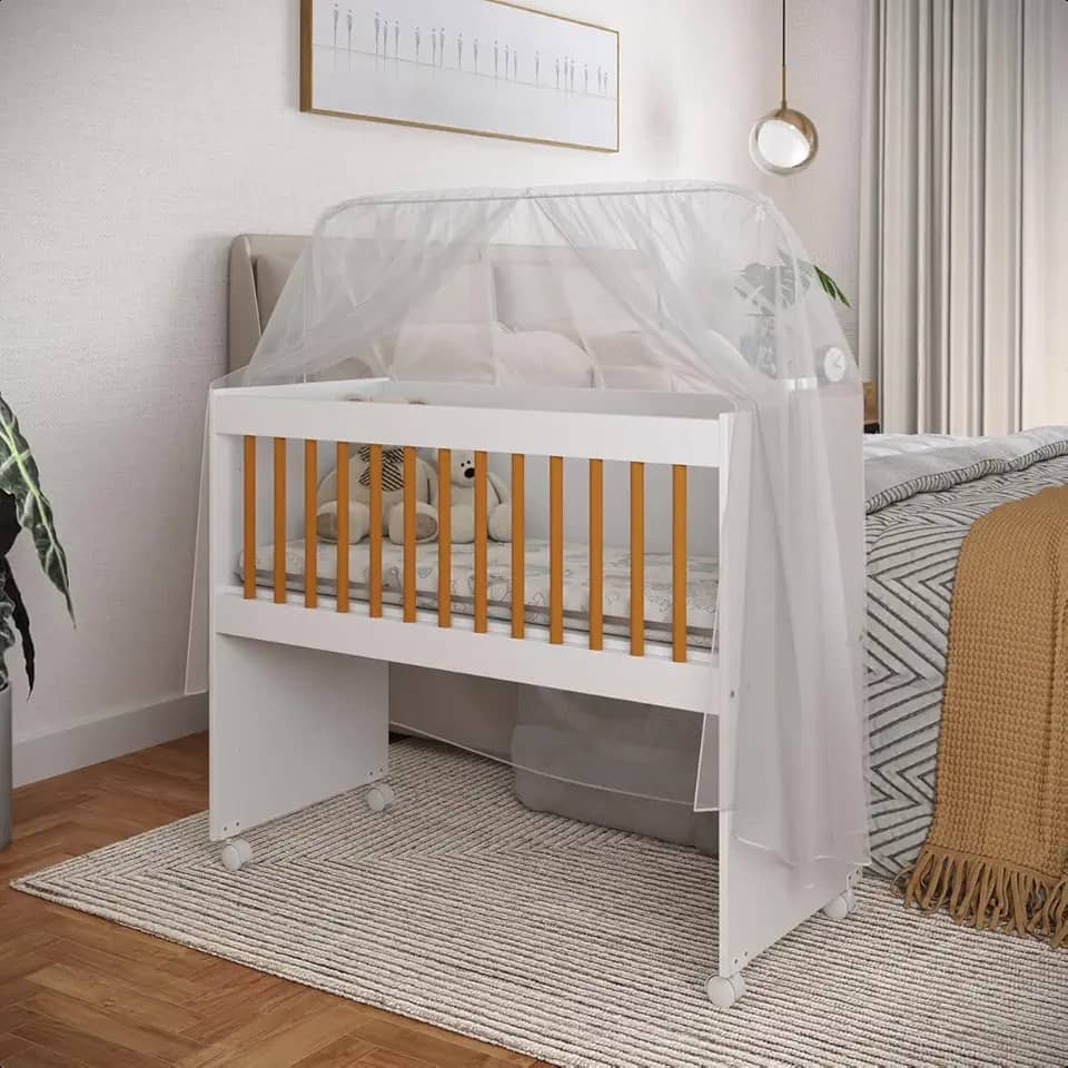 Mini Berço Com Colchão E Suporte Para Mosquiteiro Multifuncional 5x1 Rodízios Chiqueirinho (Branco E Marrom)