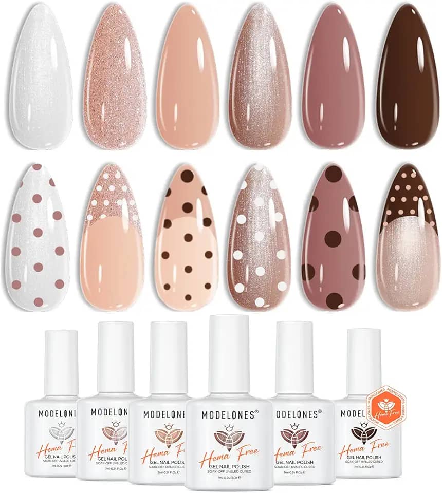 modelones Esmalte de gel de inverno, 6 cores sem hema & TPO tom de pele marrom design de unhas de bolinhas polonês bege cáqui conjunto de esmalte de gel neutro todos os tons de pele absorver arte em