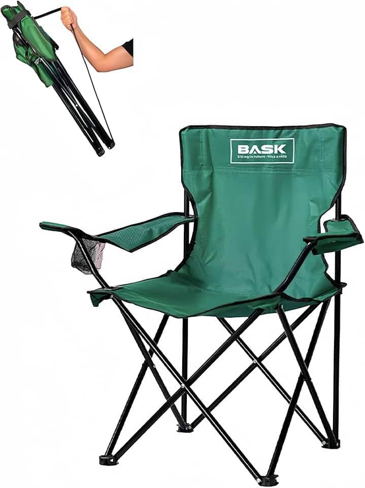 BASK Cadeira Dobrável Portátil Reforçada com Suporte 180kg | Alça de Ombro Integrada | Porta-copo | Conforto e Espaço Ampliado para Camping, Praia e Pesca