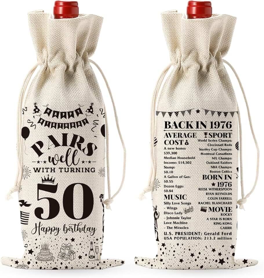 Presentes de aniversário de 50 anos para ela, presente para mulheres de 50 anos de idade, saco de vinho, presentes de decoração de festa de 50 anos, sacos de vinho para mãe, irmã, esposa, amiga