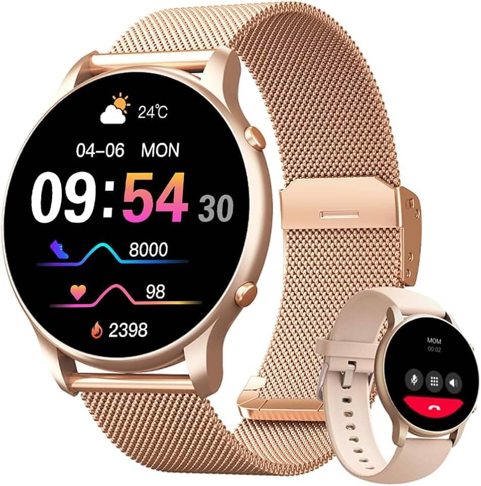 Smartwatch Feminino 1.32" Full Touch, IP68 à Prova d'Água, Ligações Bluetooth, 100+ Modos Esportivos, Notificações Inteligentes, Assistente de Voz, Compatível com iOS/Android, Inclui 2 Pulseiras, Ouro