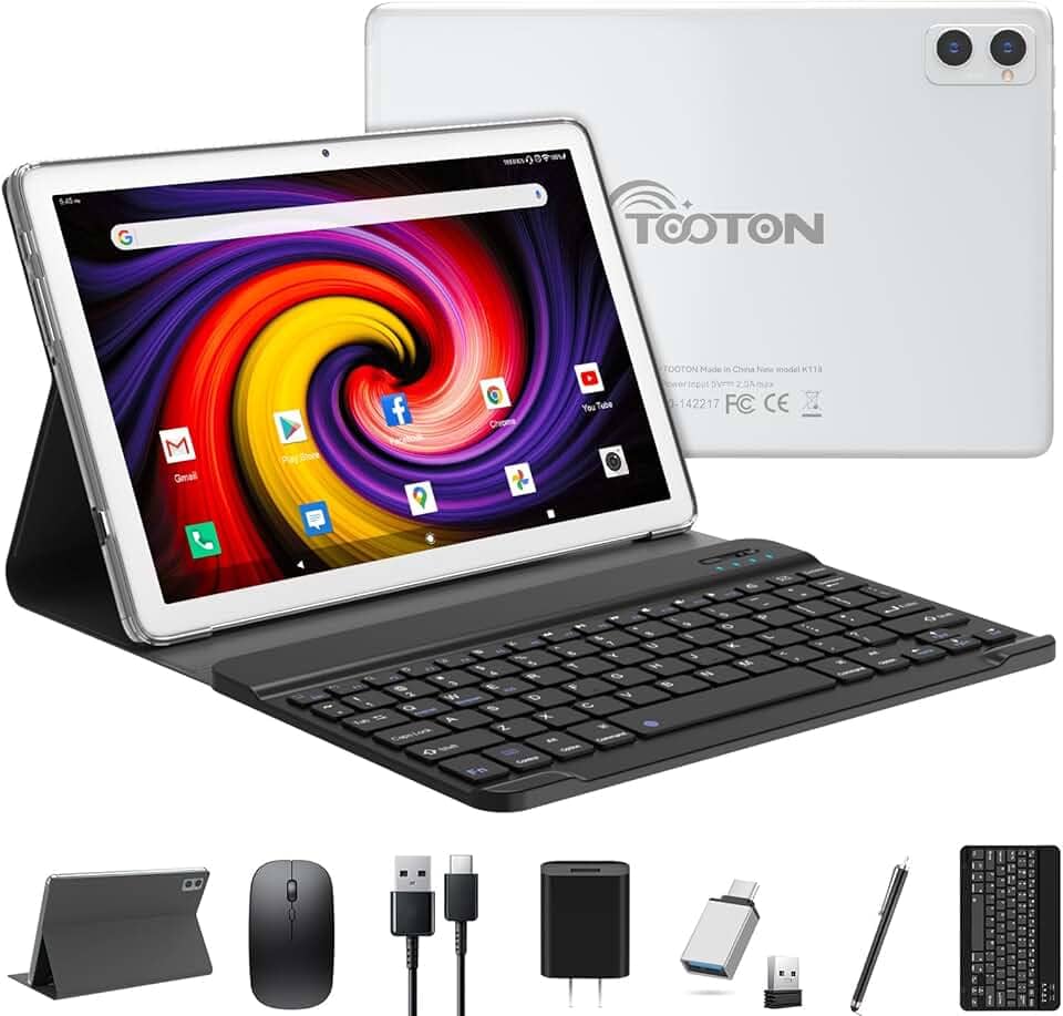 Tablet 2 em 1 com teclado, tablets mais recentes de 2025, Android 4 + 4 + 128 GB de ROM, tablet de 10 polegadas com chip Octa-Core compatível com Wi-Fi de 5 + 2,4 GHz, bateria de 7000 mAh, Bluetooth