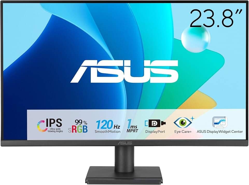 ASUS Monitor de cuidados oftalmológicos 1080P de 61.0 cm (VA249QG) - IPS, Full HD, 99% sRGB, sem moldura, 120Hz, sincronização adaptável, 1ms, alto-falantes, HDMI, DisplayPort, VGA, pouca luz azul