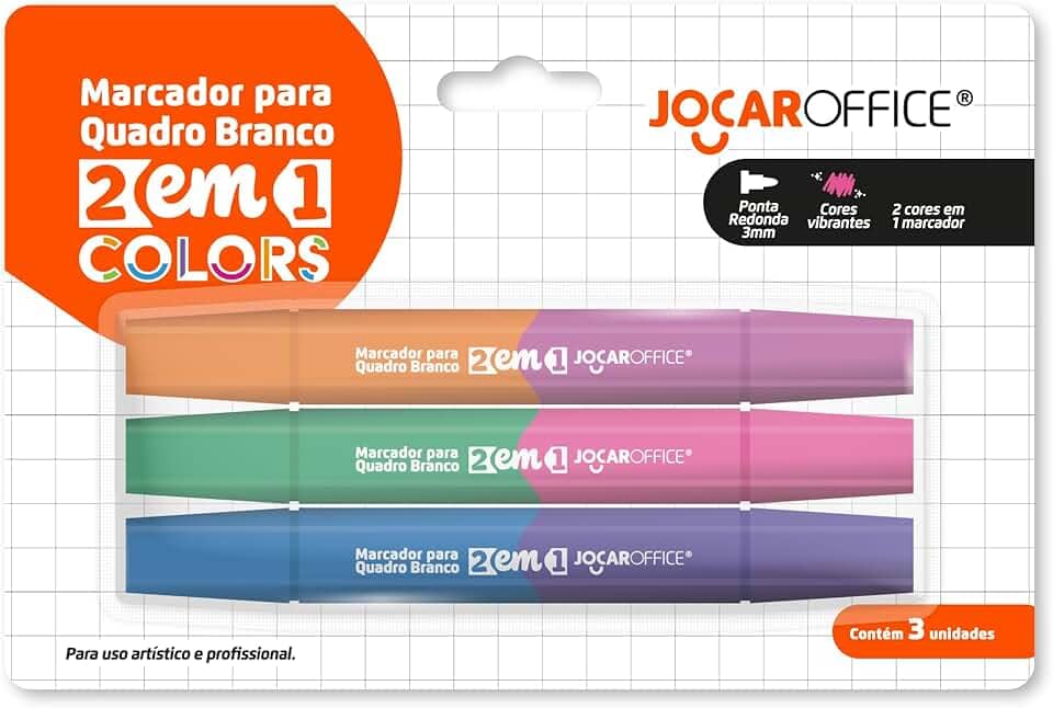 MARCADOR PARA QUADRO BRANCO 2 EM 1 CORES VIBRANTES - BLISTER C/ 3 UND JOCAR OFFICE