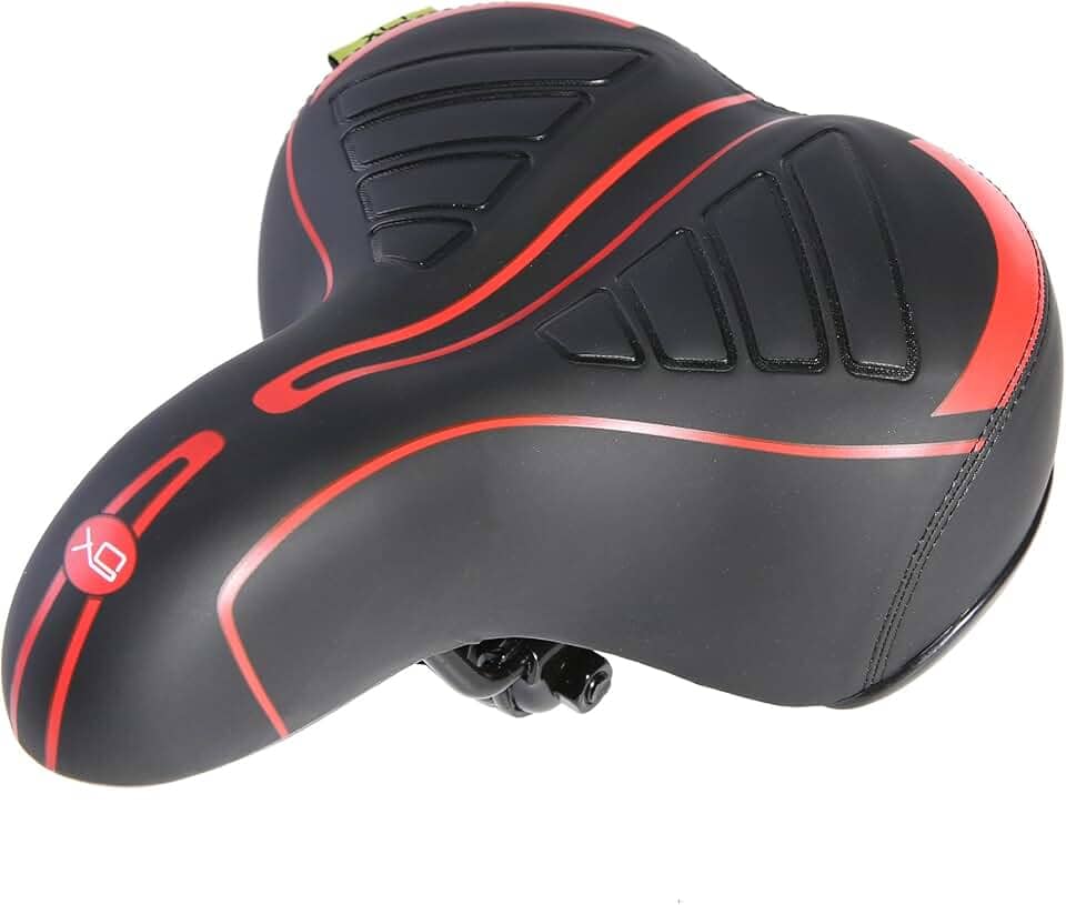 UNISTRENGH Selim de bicicleta com base exclusiva para absorção de choque, assento de bicicleta de couro extra largo Big Bum, almofada acolchoada de gel macio e confortável com fita refletiva