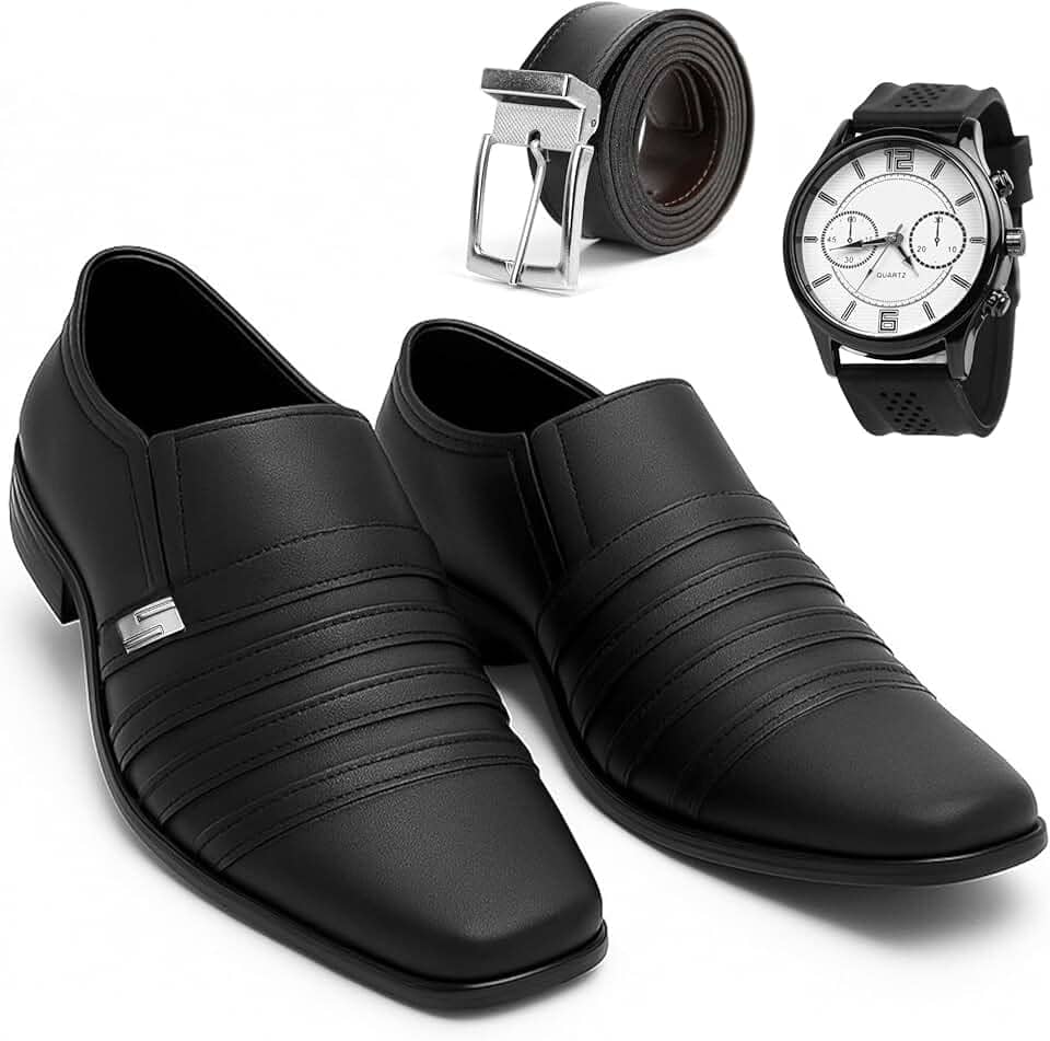 Sapato Social Masculino Italiano Couro com Tiras Decorativas, Preto, Solado Borracha, Estilo Clássico Formal