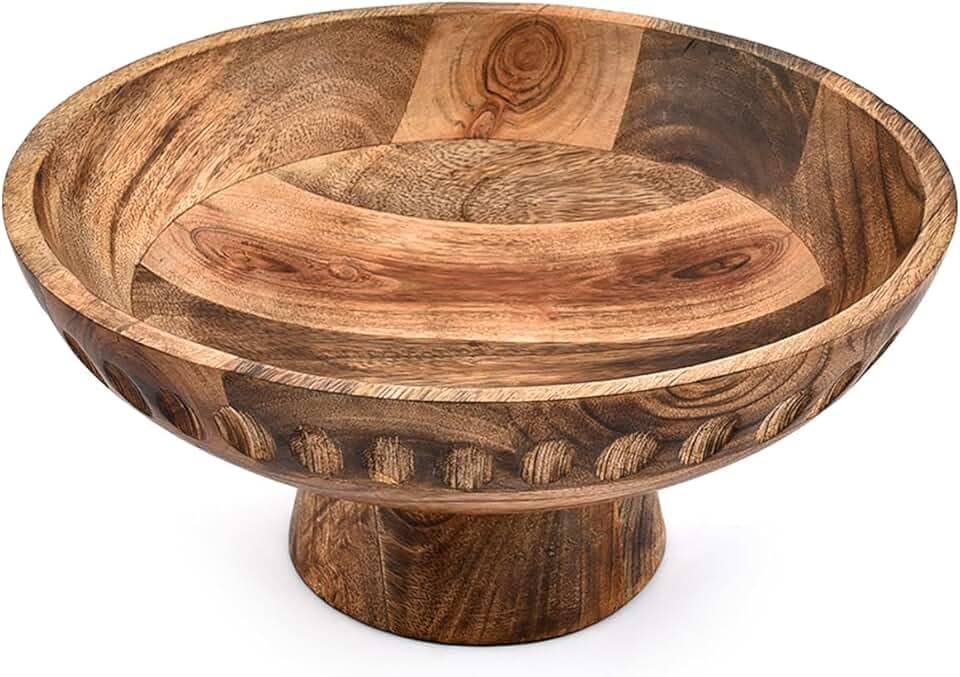 EDHAS Tigela de salada feita à mão com acabamento queimado de madeira de manga para saladas, frutas e sopas feitas à mão para cozinha e jantar (25 x 25 x 12 cm)