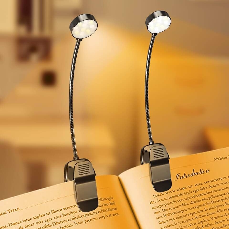 Pacote com 2 10 lâmpadas LED recarregáveis para leitura na cama – Cuidados com os olhos, 3 temperaturas de cor, 3 brilho ajustável, luz de leitura de livro pequena e leve de longa duração para