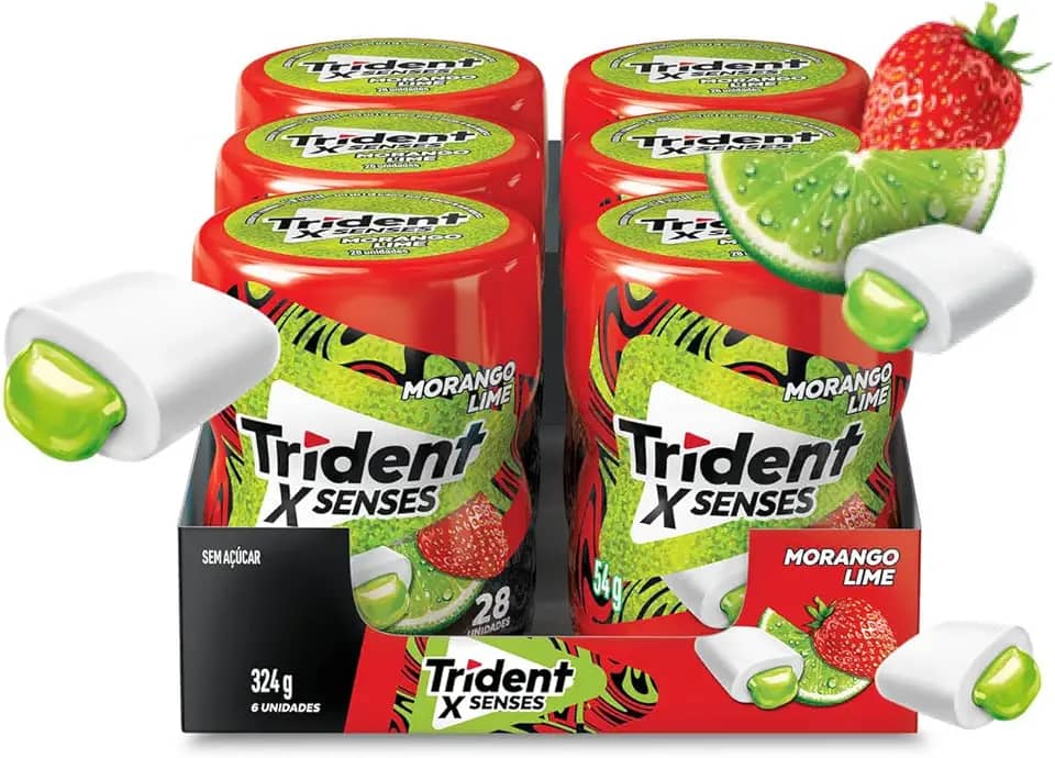 Chiclete Trident XSenses Morango Lime Sem Açúcar Garrafa - Caixa com 6 unid. de 54g