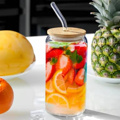 Copo de Vidro Borossilicato 550ml com Tampa de Bambu e Canudo de Vidro – Ecológico, Reutilizável, Hermético e Elegante para Bebidas Frias e Quentes